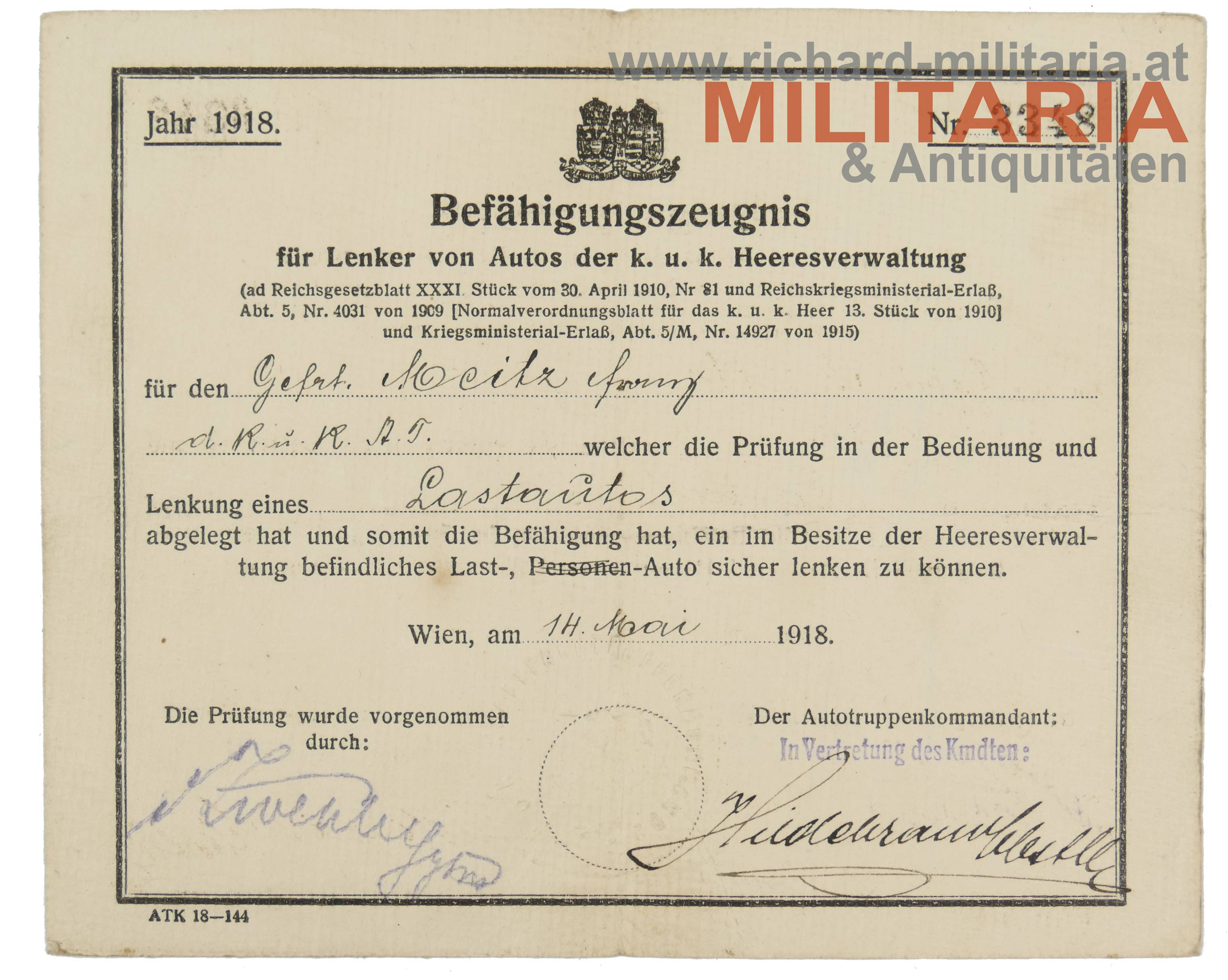 k.u.k. Befähigungszeugnis für Autolenker - 1918 