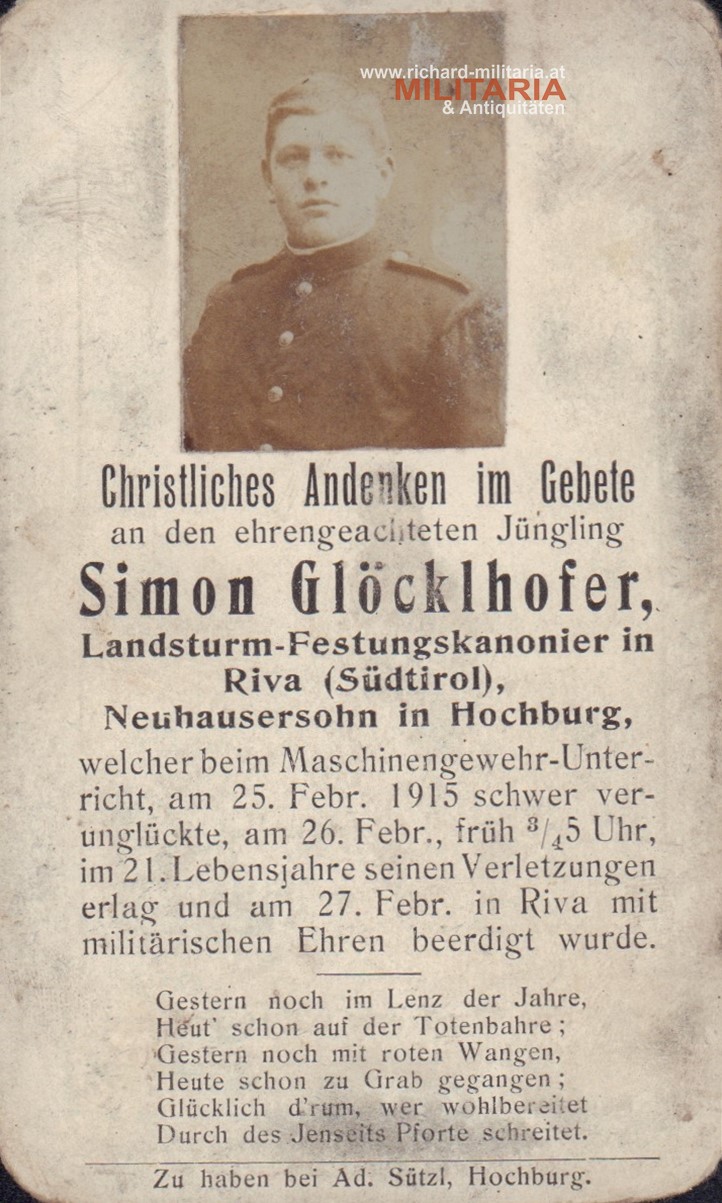 k.u.k. Sterbebild Landsturm-Festungskanonier in Riva 