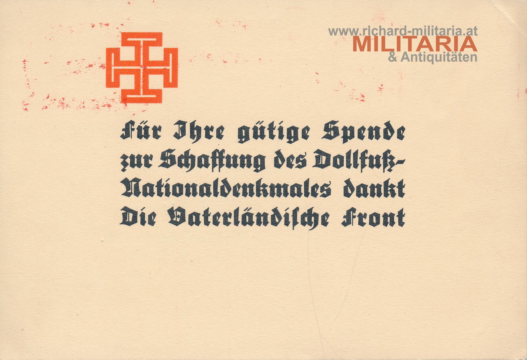 Dankeskarte "Für Ihre gütige Spende zur Schaffung des Dollfuß-Nationaldenkmales dankt Die Vaterländische Front"
