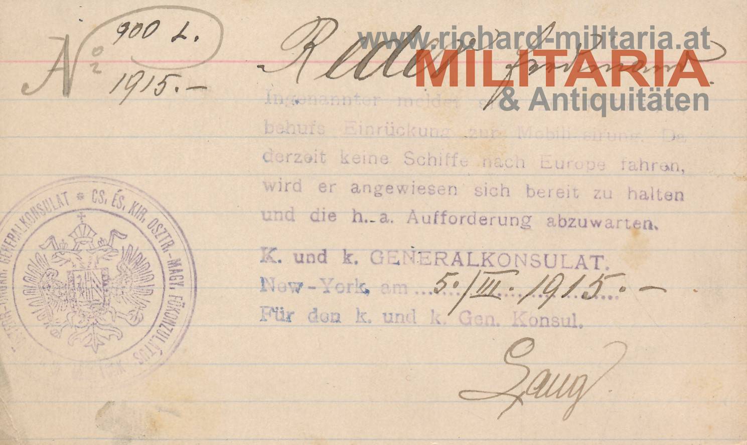 k.u.k. Generalkonsulat New York - Einberufungsschreiben 1915