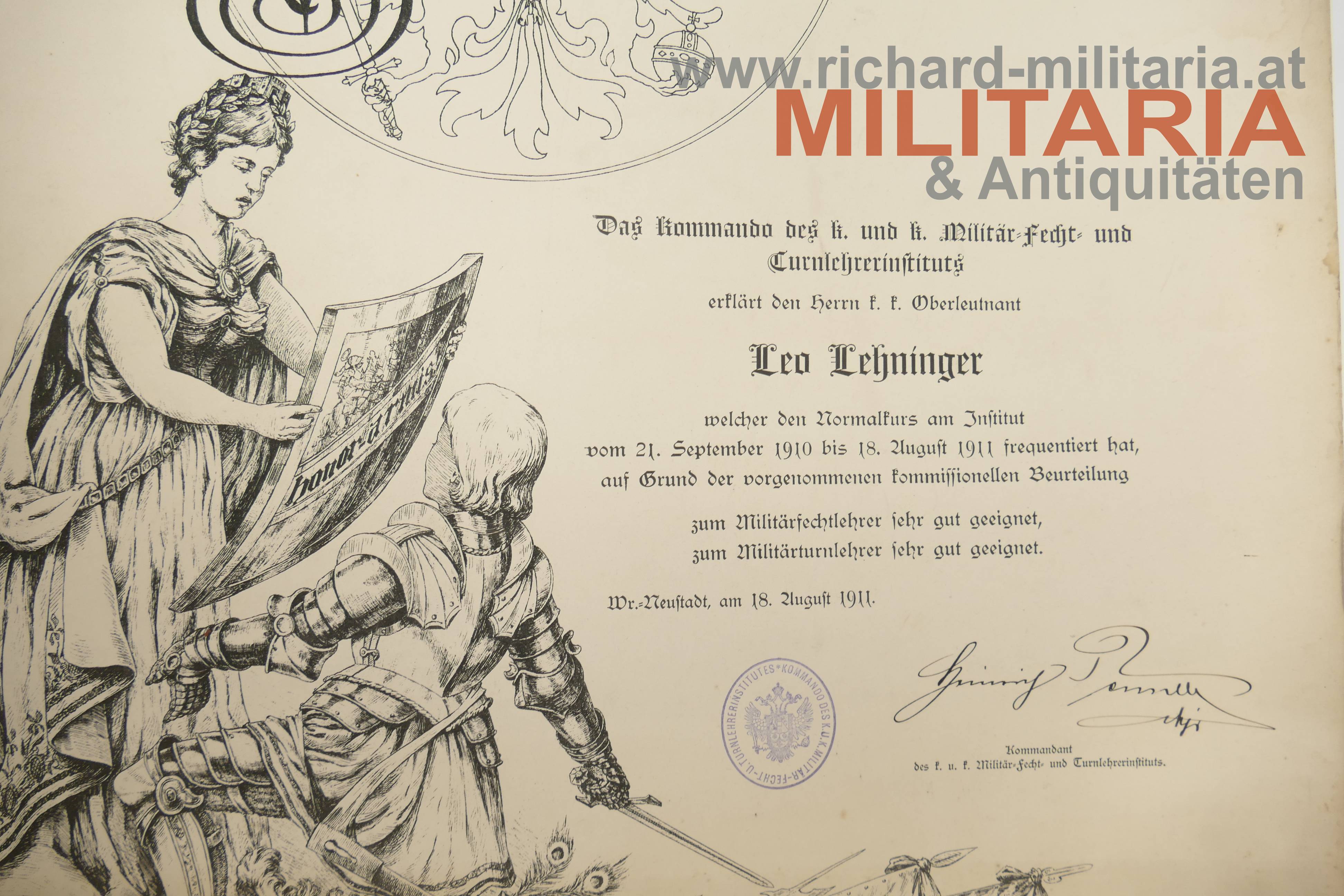 k.k. Diplom zum Militärfecht- bzw. Militärturnlehrer 1911
