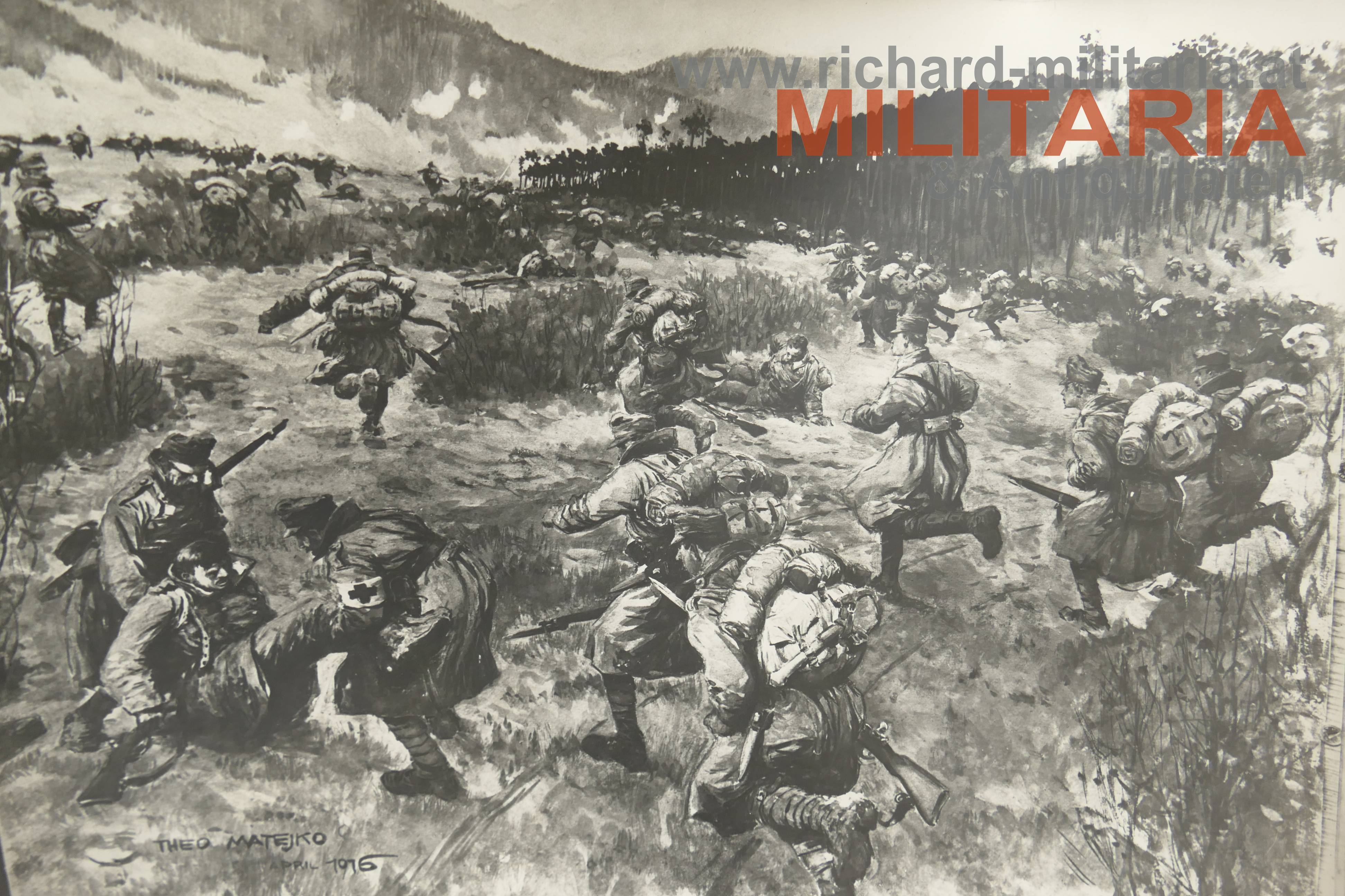k.u.k. Bilddruck - Stürmende österreichische Soldaten - Pressezeichner Theo Matejko 1916