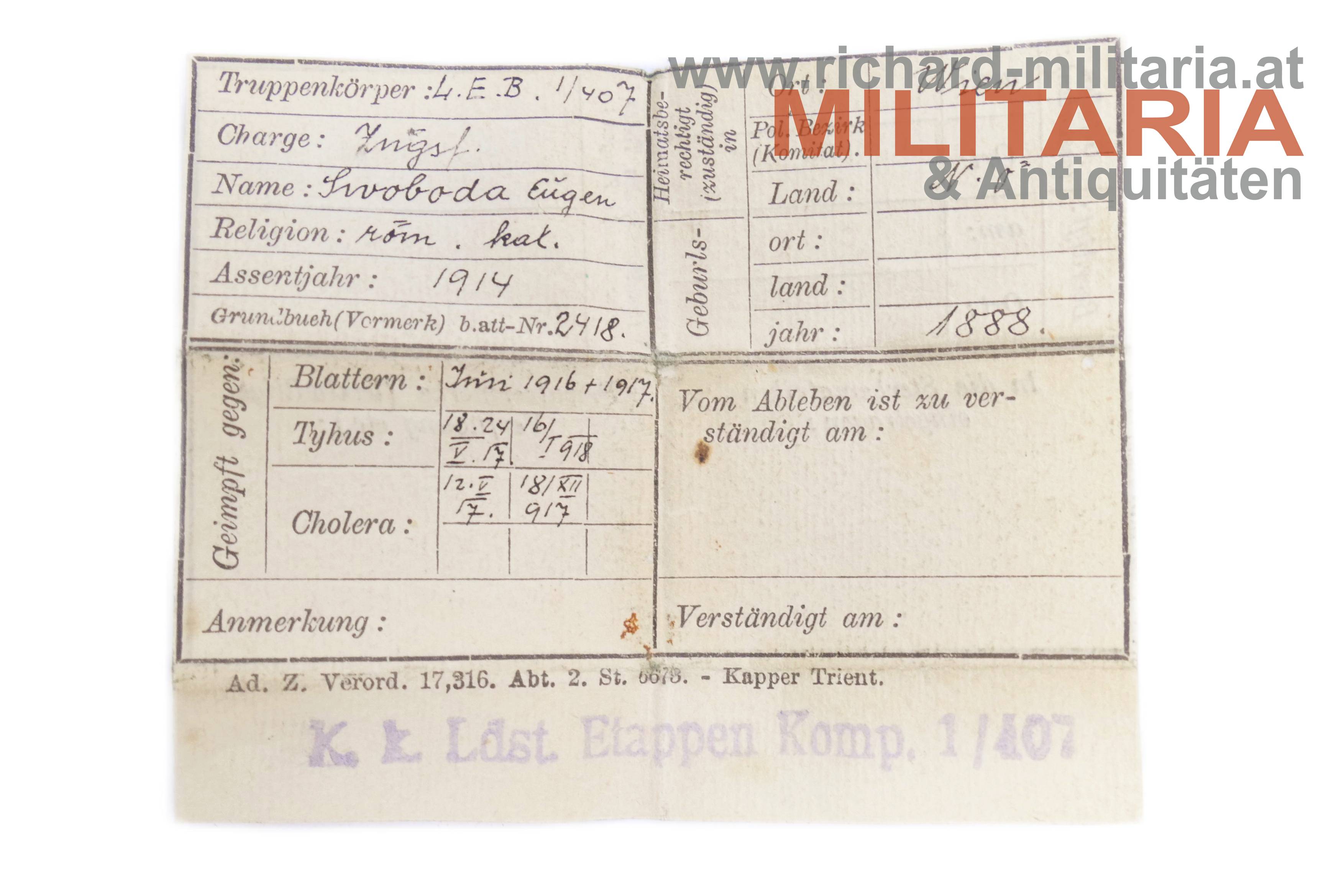 k.k. Erkennungsmarke - Landsturm Etappen Komp. 1/407 - Zugsführer Svoboda