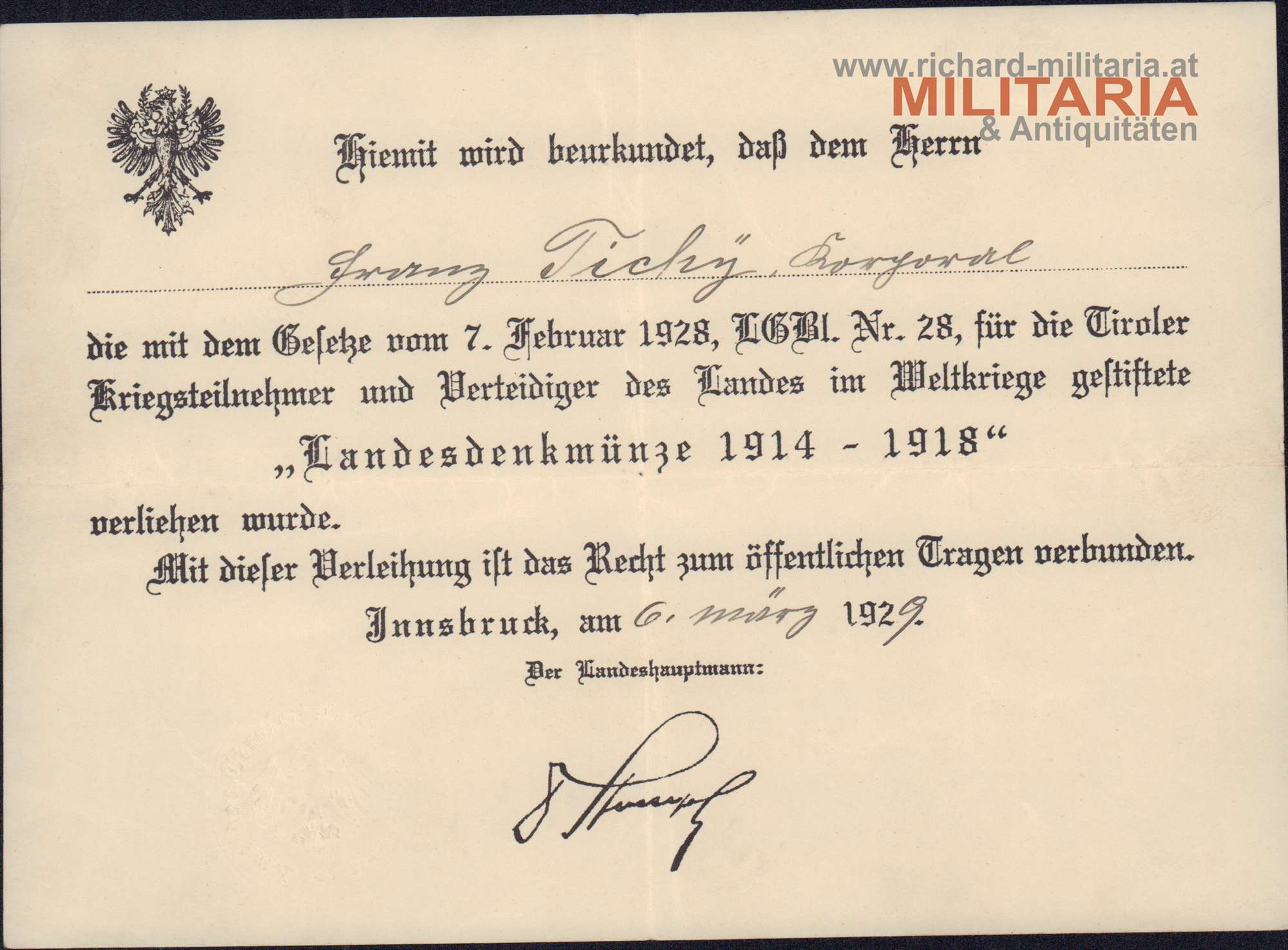 Tiroler Landesdenkmünze 1914-1918 - Verleihungsurkunde