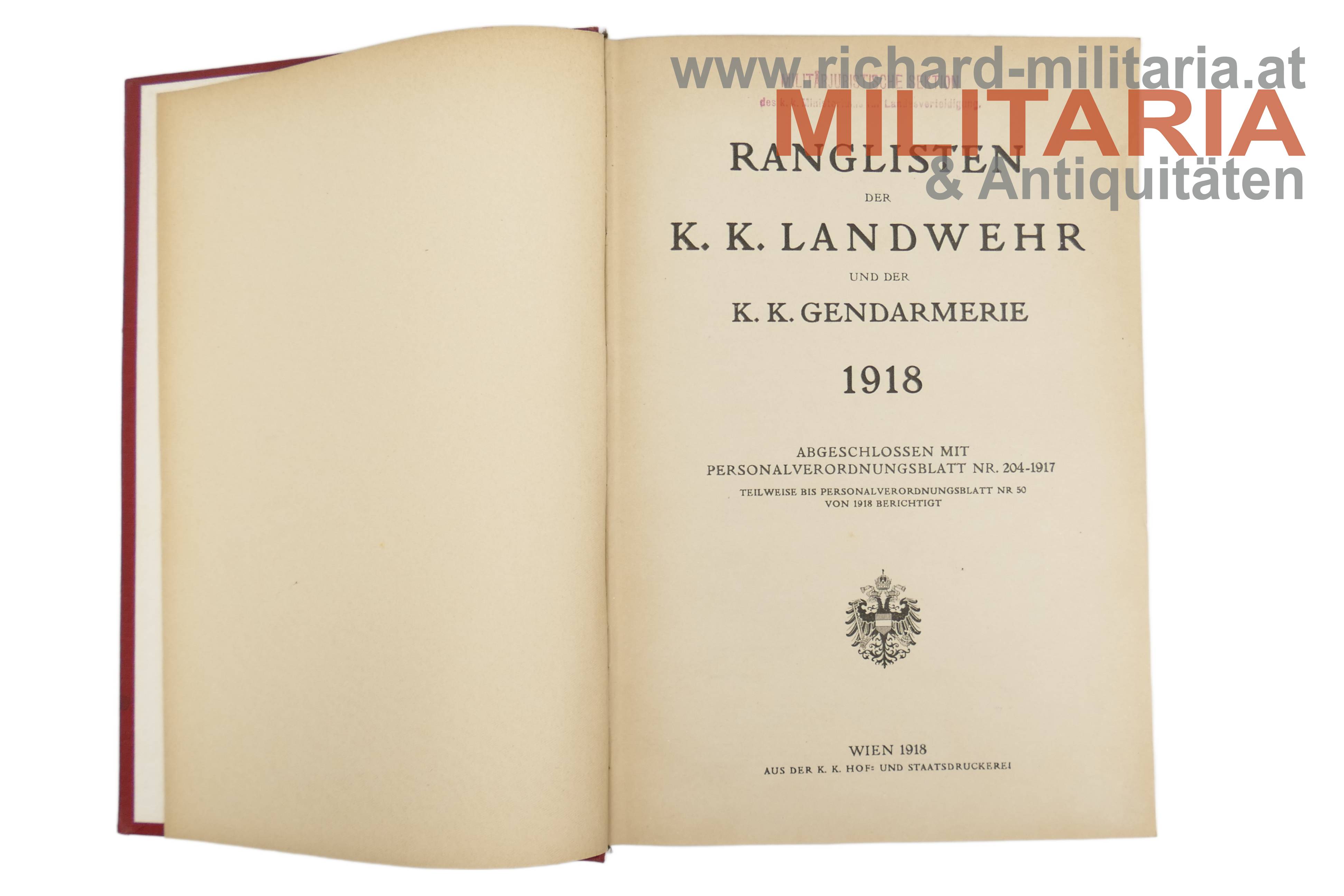 Ranglisten der k.k. Landwehr und der k.k. Gendarmerie 1918 - Prachtausführung