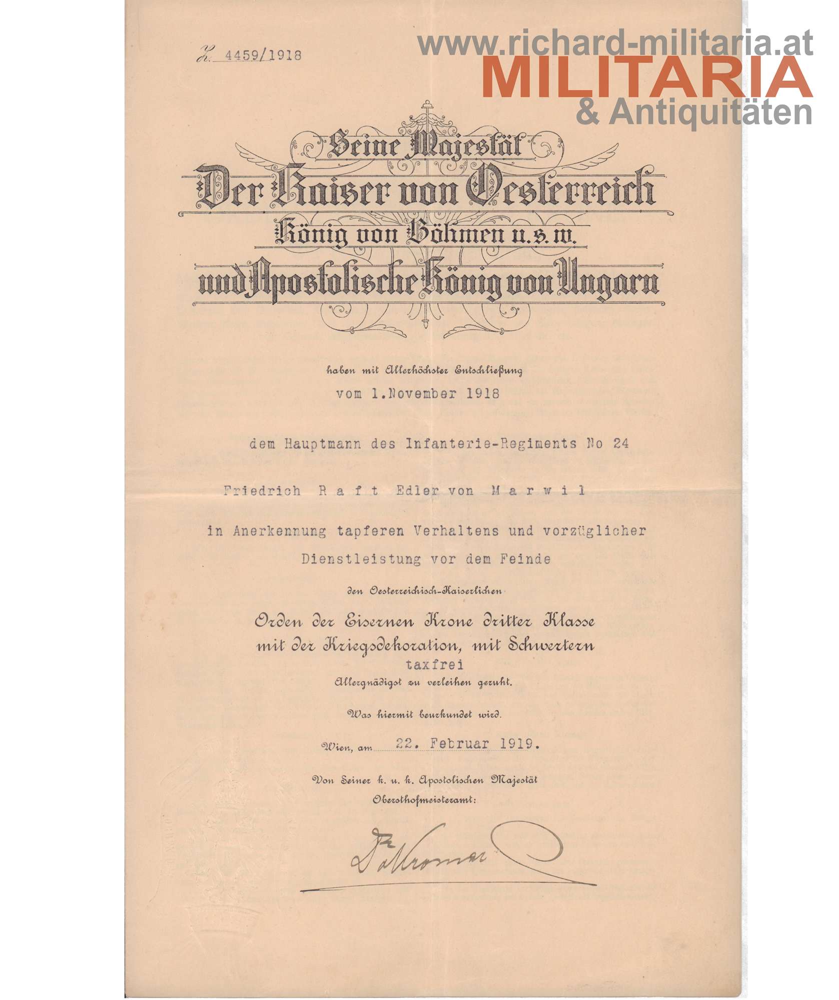 k.u.k. Hptm. Friedrich Raft Edler von Marwil - IR 24
