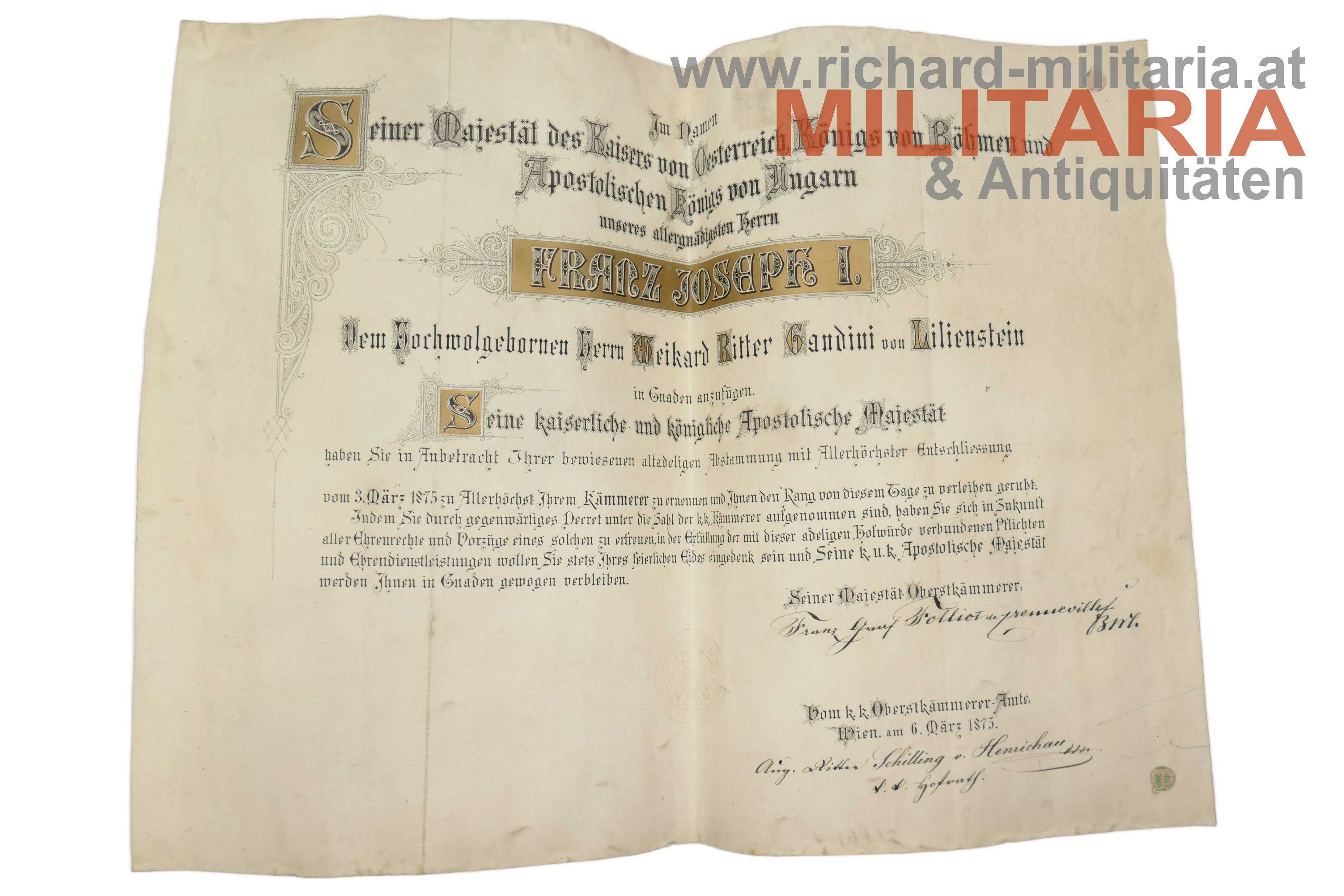 Urkunden- und Dokumentennachlass - Weikard Ritter Gandini von Lilienstein