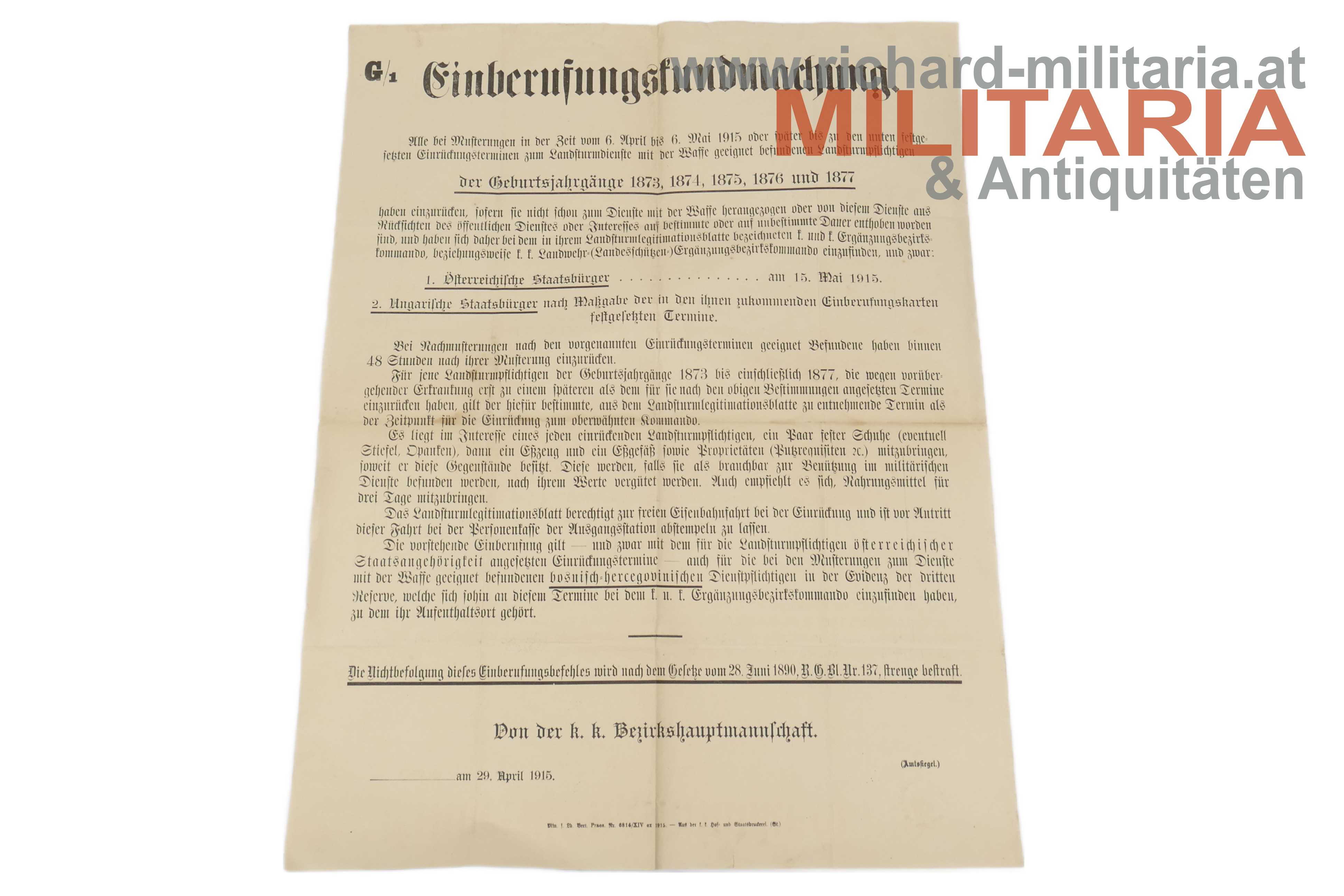 Einberufungskundmachung 1915 - für Landsturmpflichtige-Geburtsjahrgänge 1873, 1874, 1875, 1876 und 1877