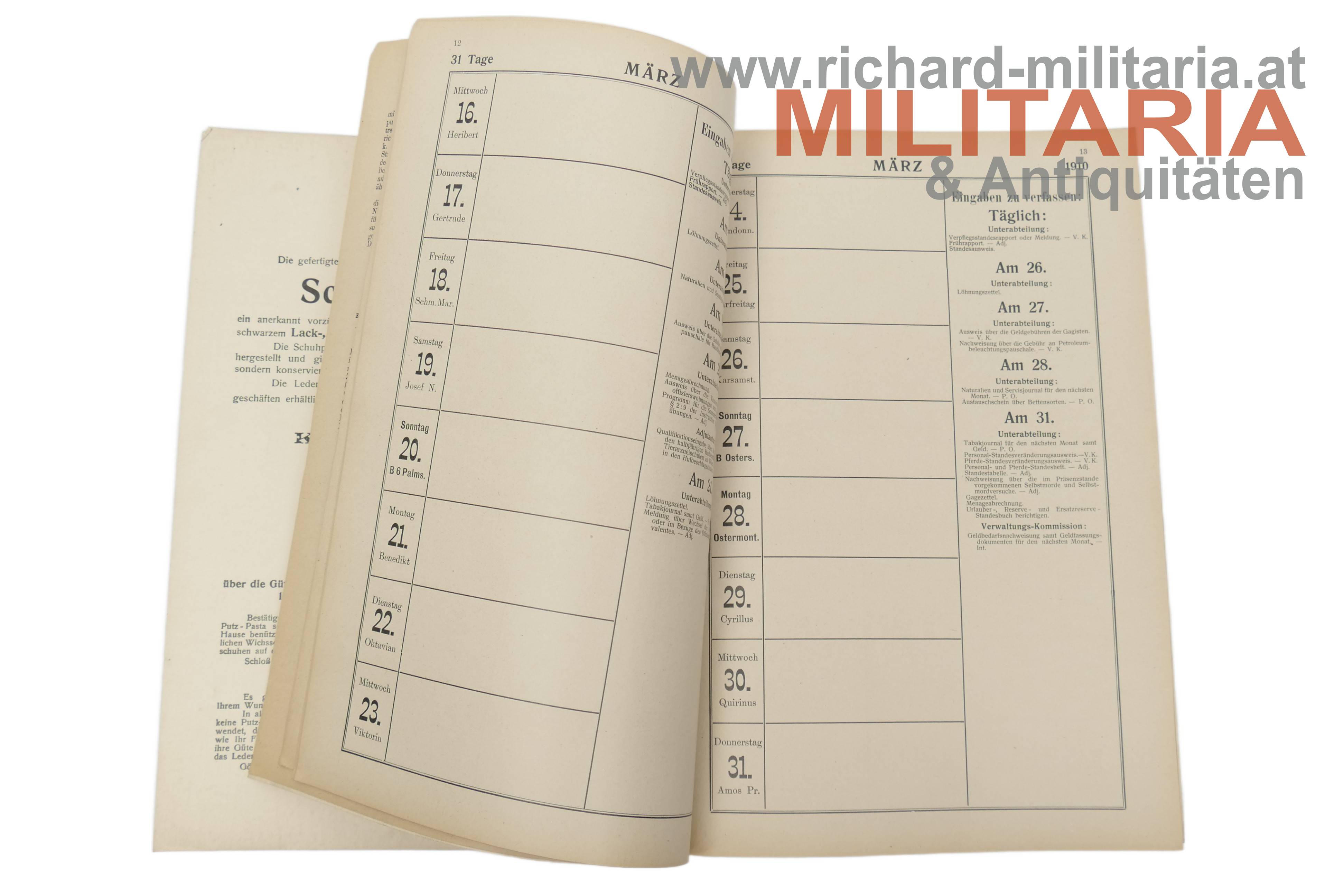 k.u.k. Militär-Vormerk-Kalender 1910 - k.u.k. Hoflieferant Karl v. Schmoll