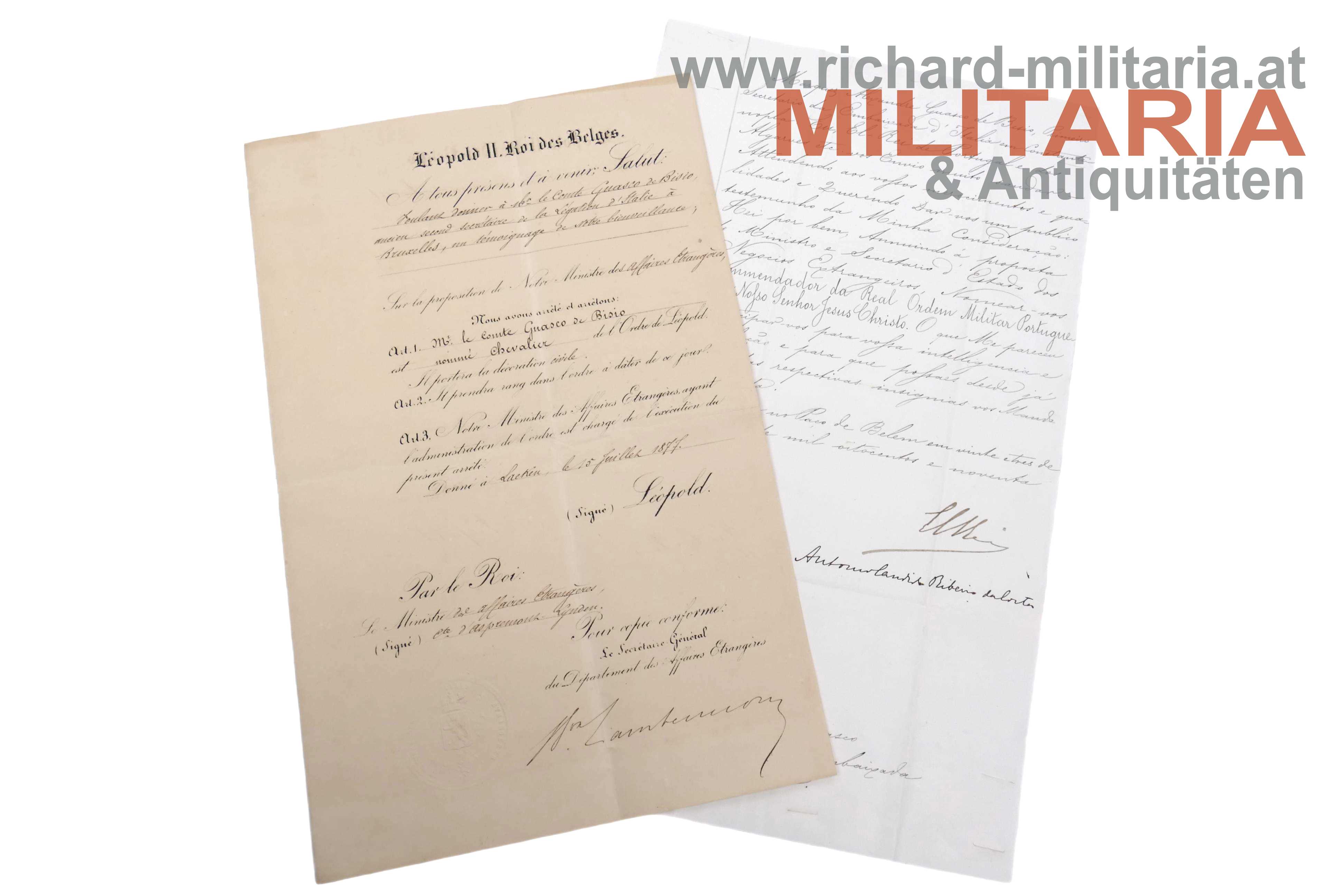 Portugal / Belgien - Verleihungsurkunden Christusorden / Leopold Orden 