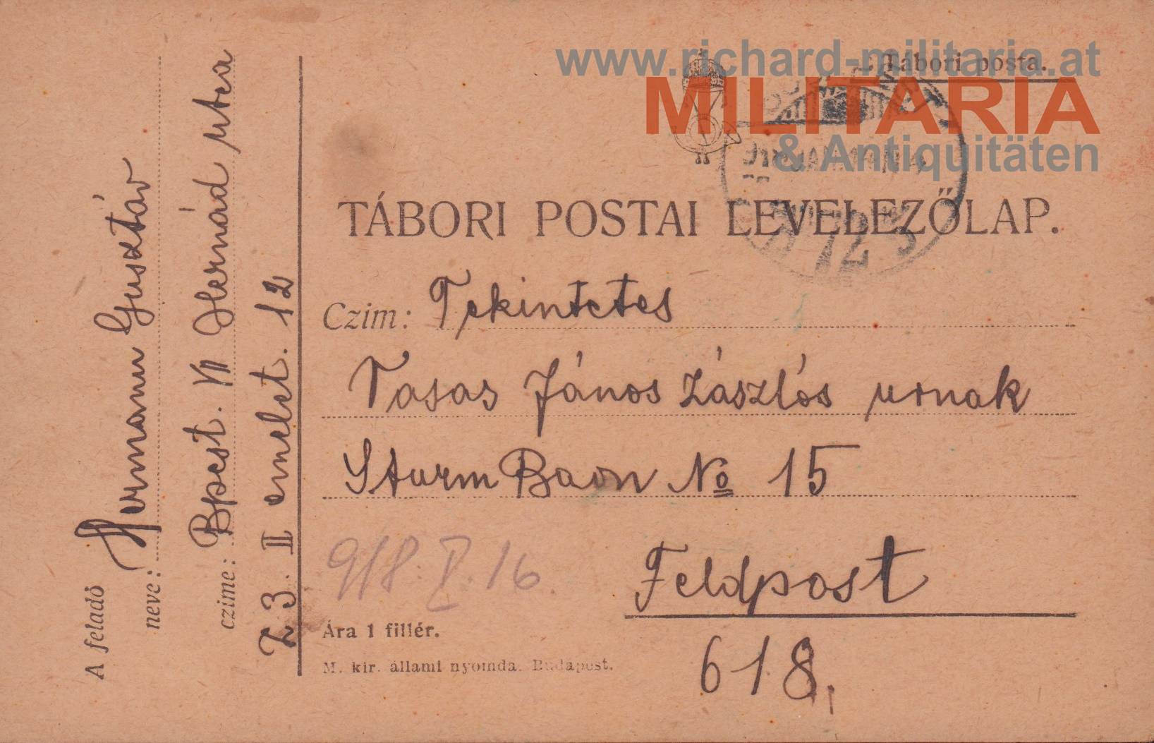 k.u.k. Feldpostkarte - Sturm Baon Nr . 15