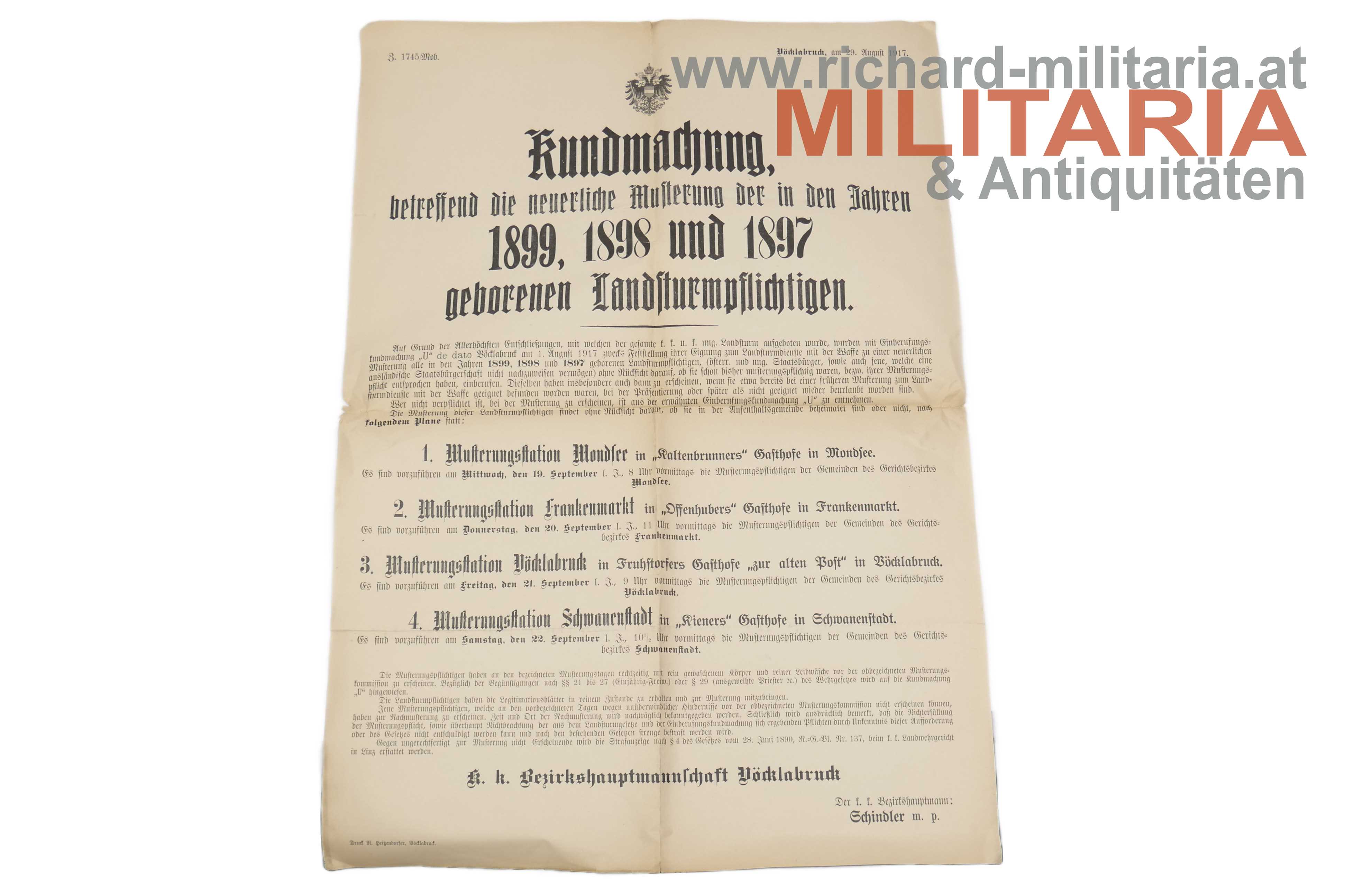 Kundmachung Musterung 1899, 1898 und 1897 - Landsturmpflichtige - Völklabruck 29. August 1917