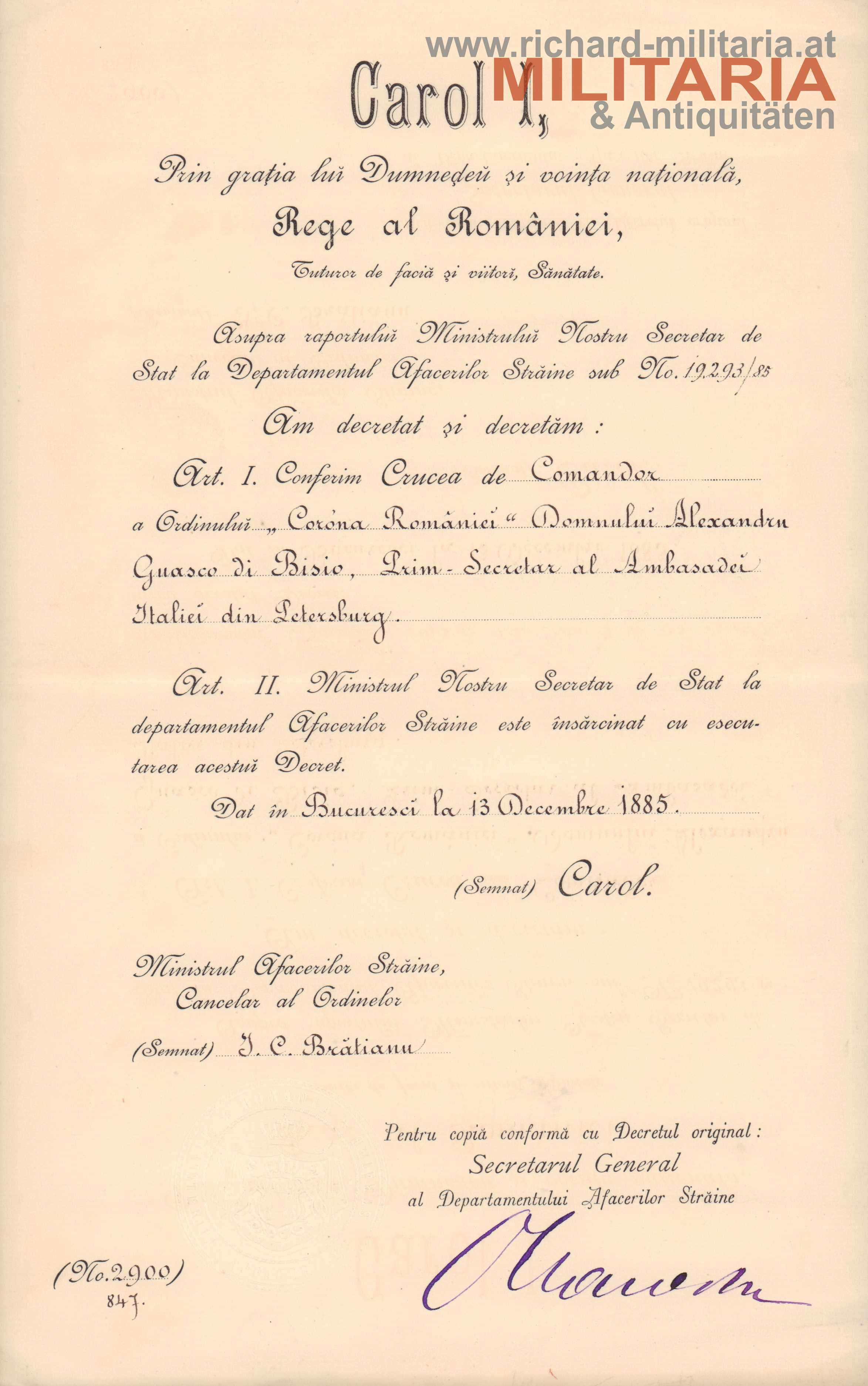 Rumänien - Verleihungsurkunde Kommandeurkreuz des Orden der Krone von Rumänien 