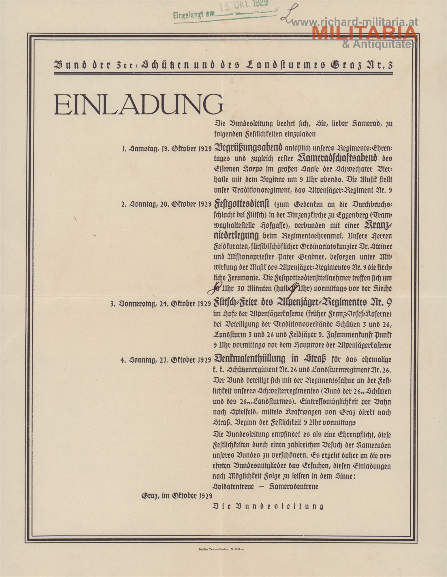 Einladung Flitschfeier Oktober 1929