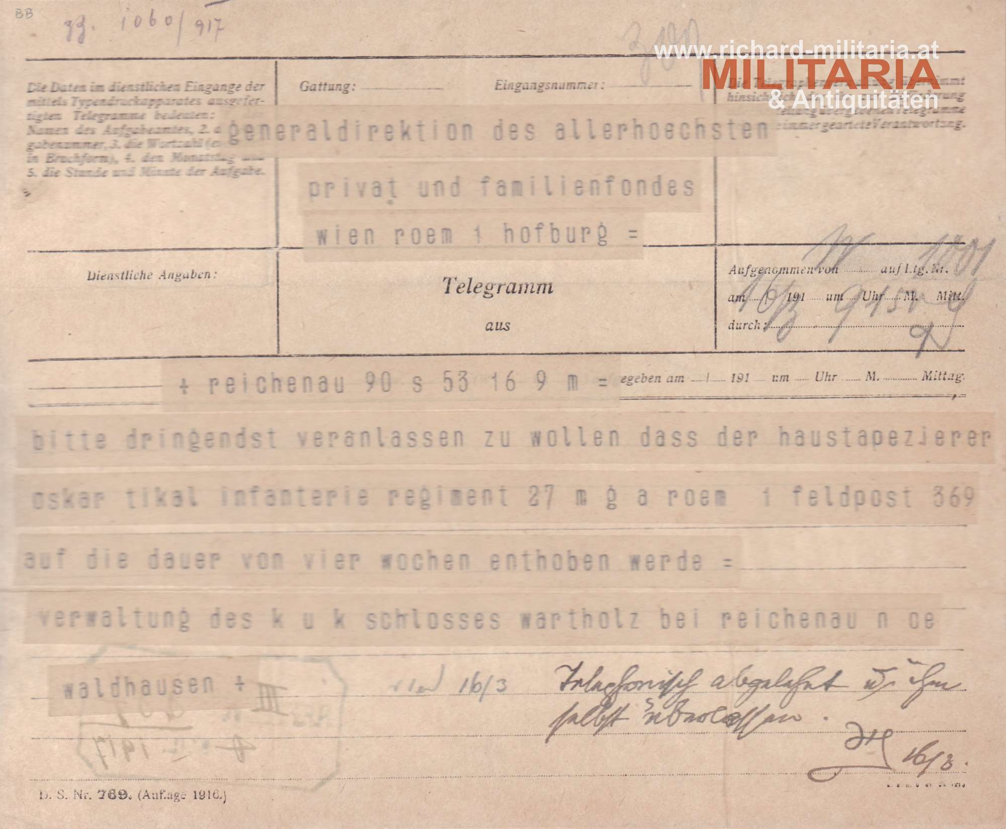 Schloss Wartholz - Telegram - Ansuchen um Enthebung - k.u.k. Inf. Reg. 27