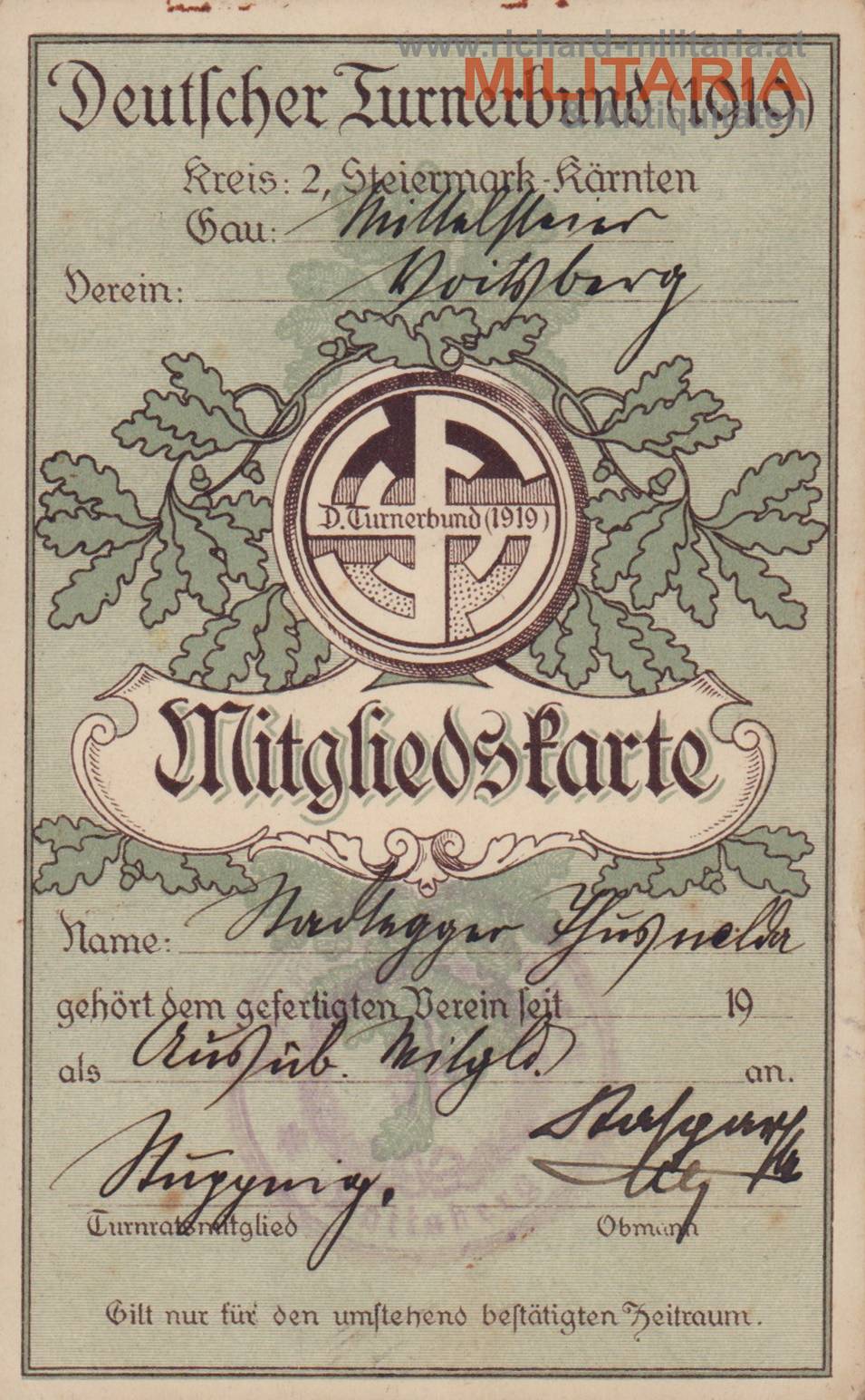 Deutscher Turnerbund - Mitgliedskarte - Steiermark-Kärnten (Voitsberg)