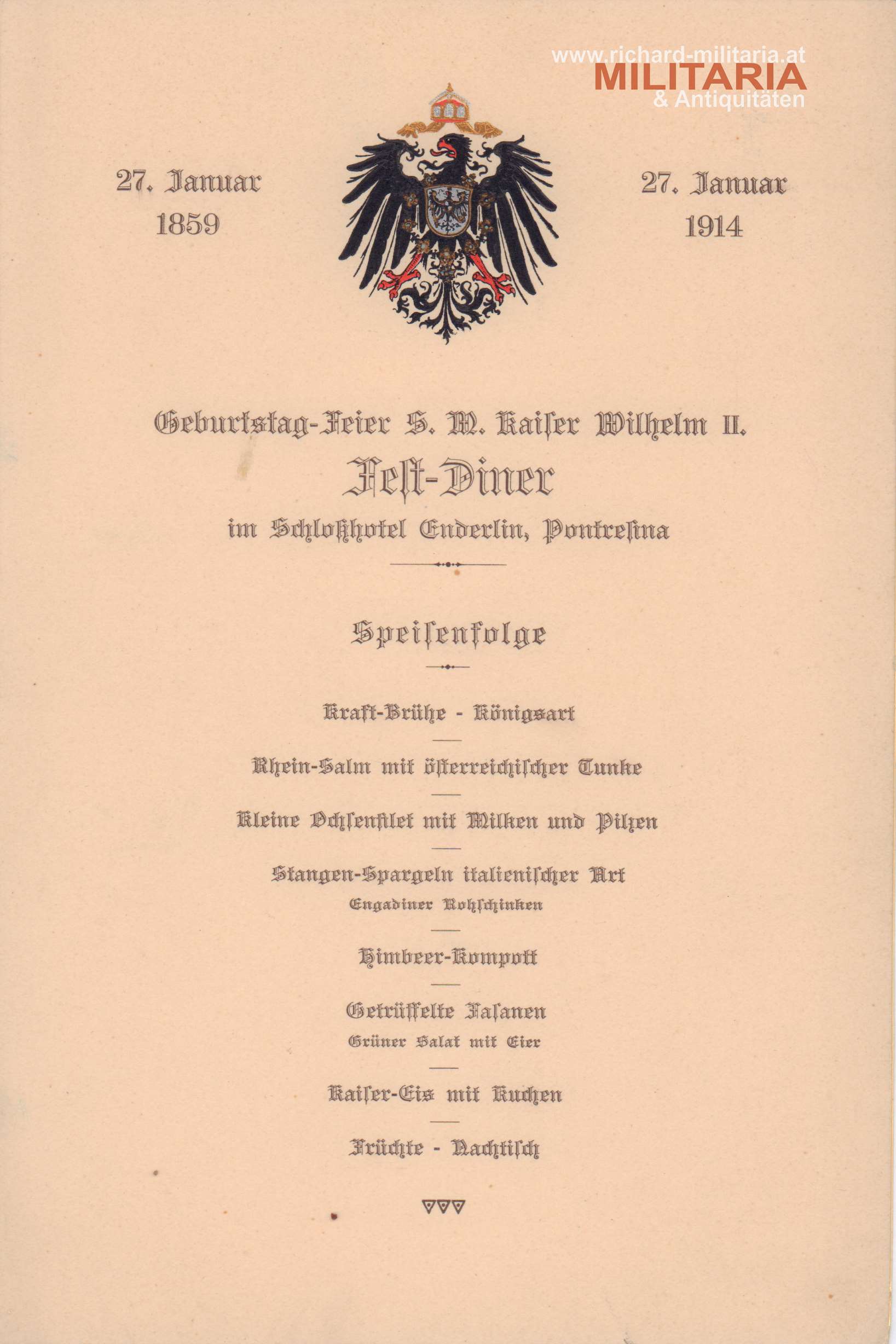 Geburtstagsfeier S.M. Kaiser Wilhelm II. - Fest-Diner - 1859-1914 - Speisenfolge