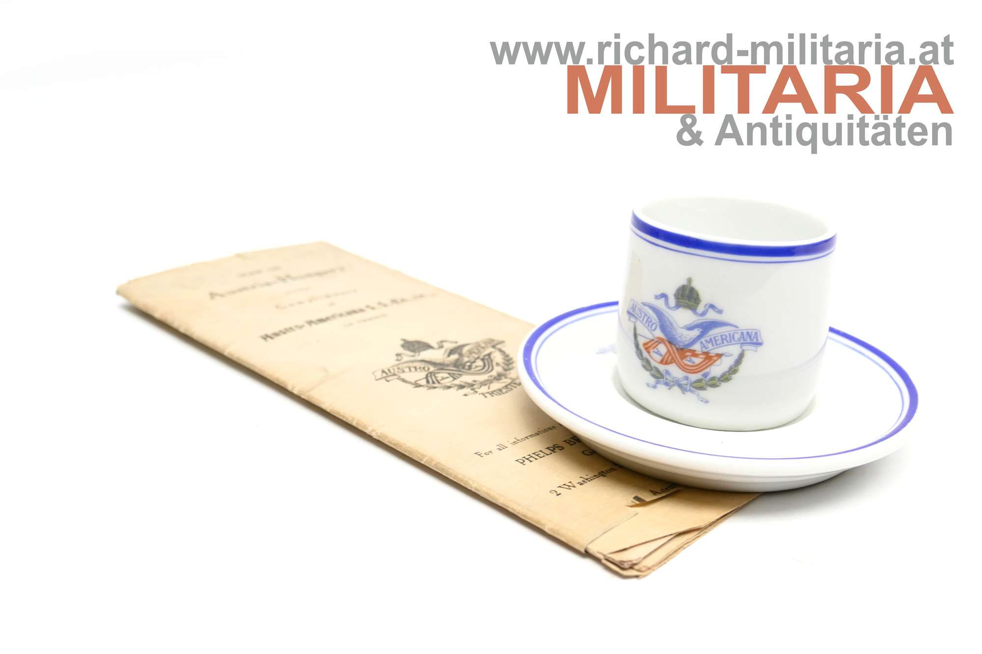 Tasse "Austro Americana S.S. co. Ltd Trieste" mit Broschüre der Reederei