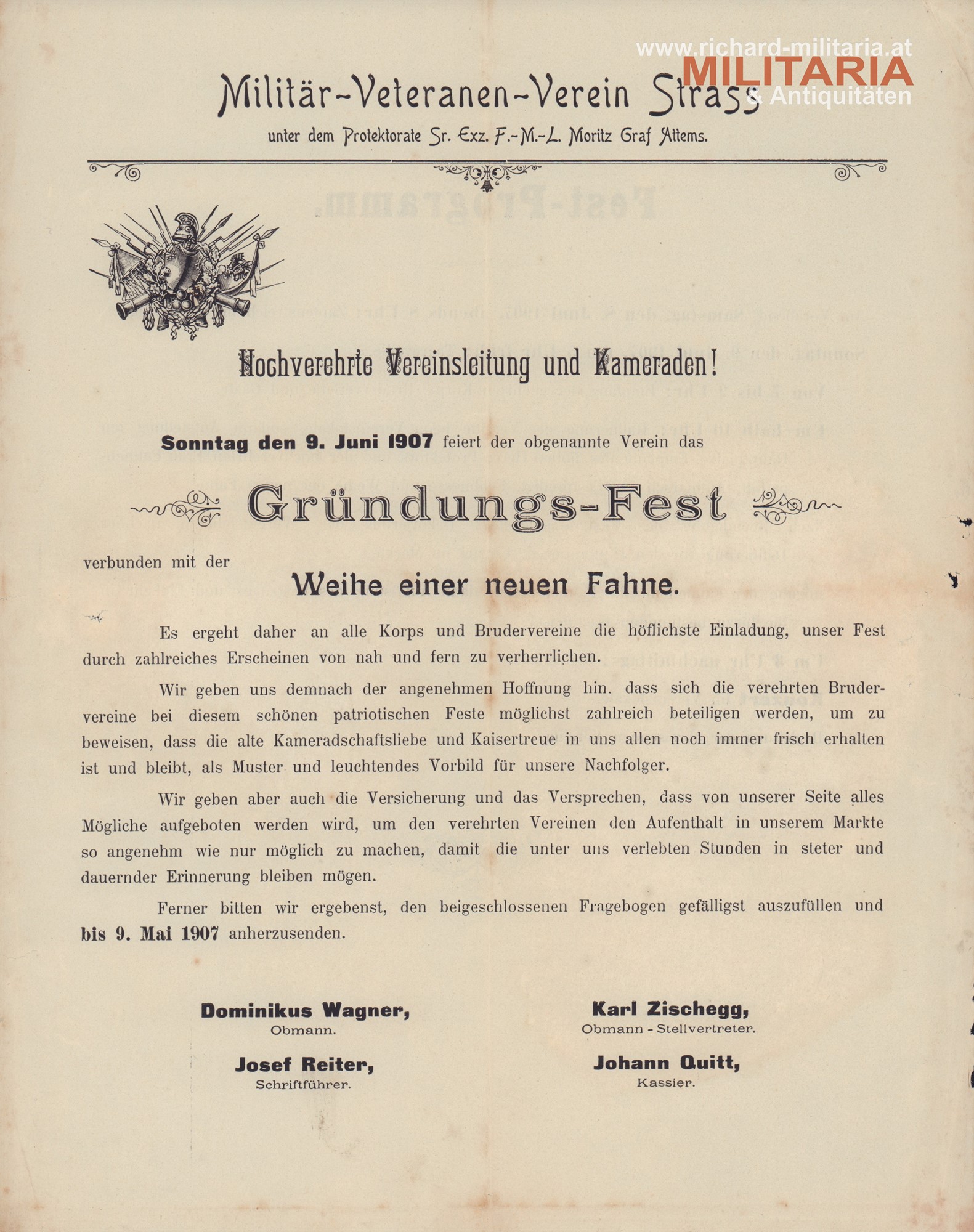 Militär-Veteranen-Verein STRASS - Einladung Gründungsfest Militär-Veteranen-Verein "Weihe einer neuen Fahne 