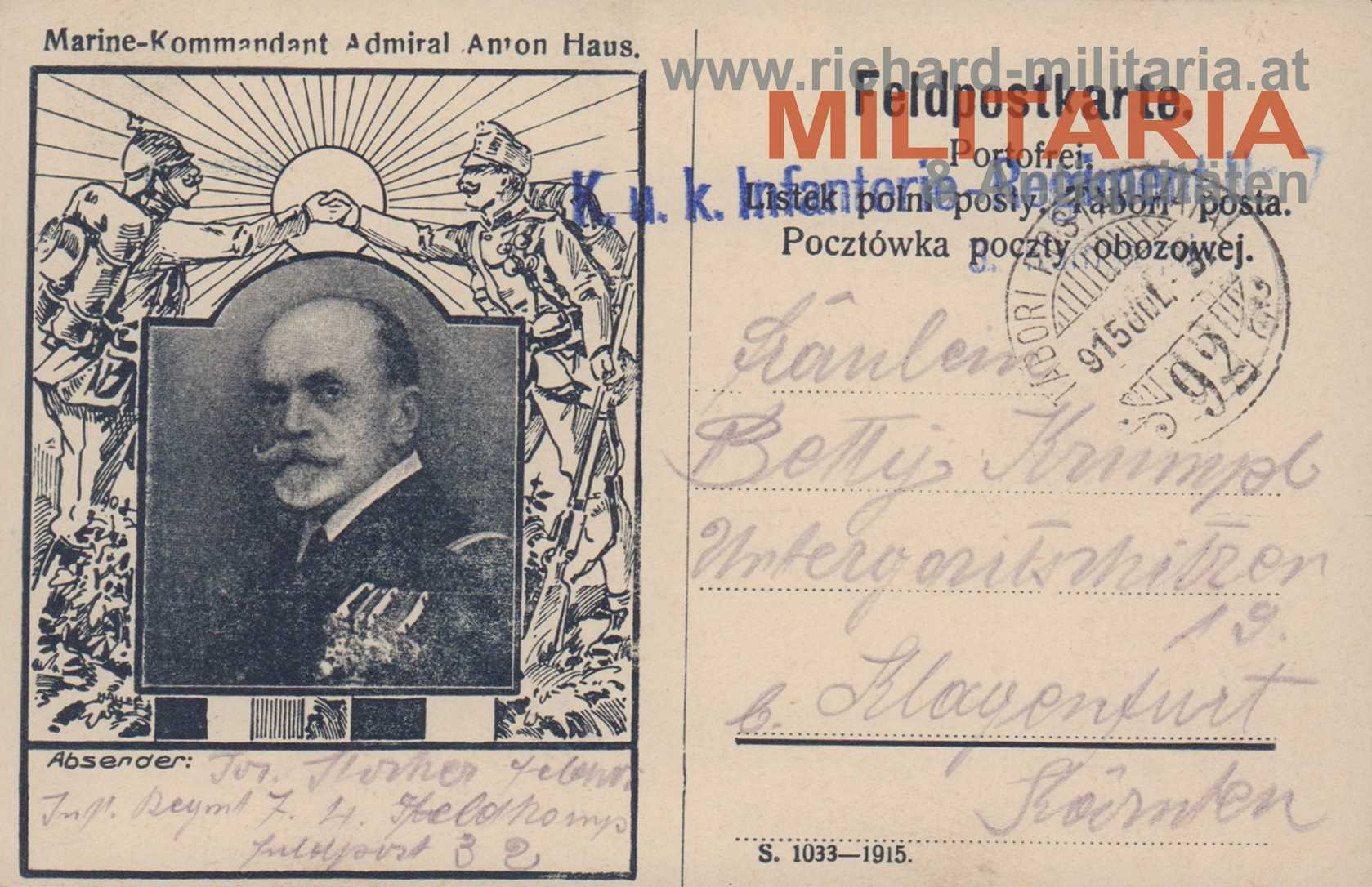 k.u.k. Feldpostkarte  - Marine-Kommandant Admiral Anton Haus - IR7