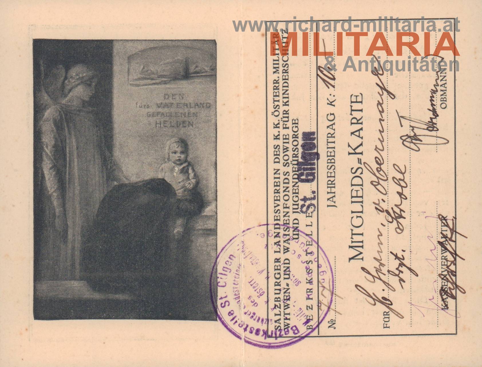 Mitgliedskarte - Salzburger Landesverein - k.k. Witwen- u. Waisenfonds - St. Gilgen 1918