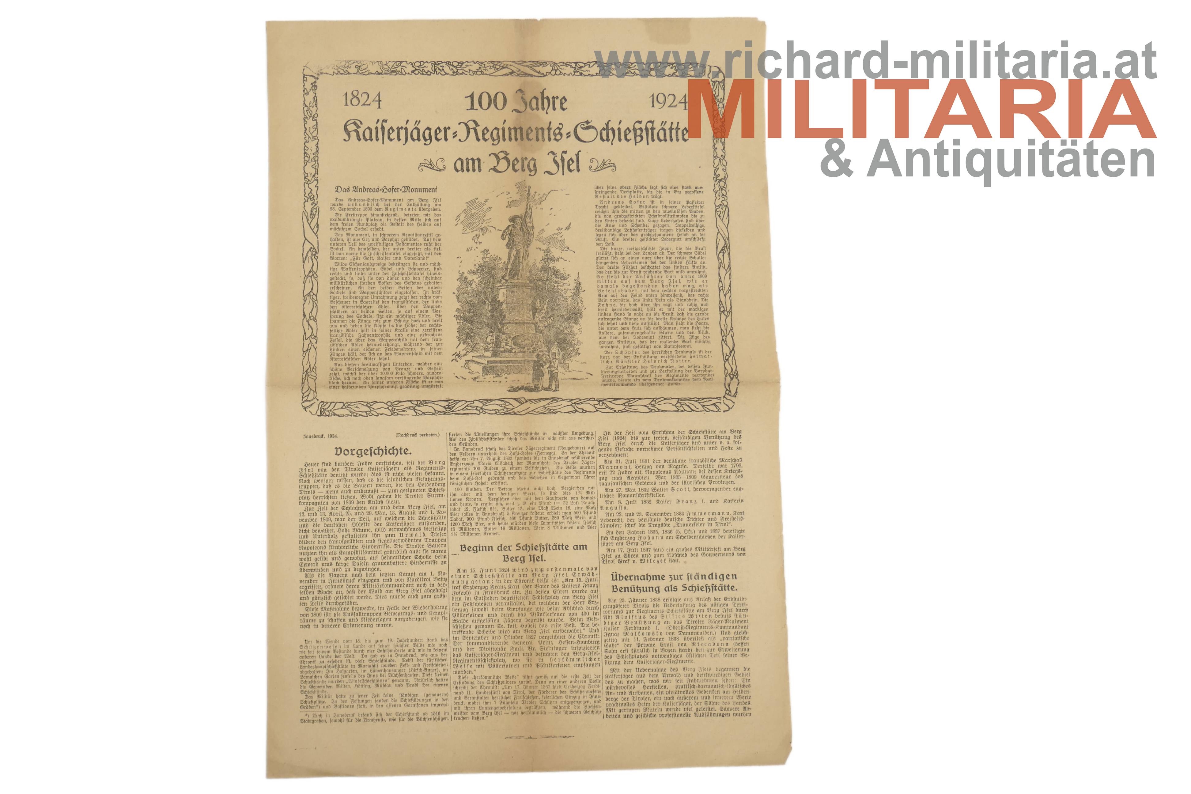 "100 Jahre Kaiserjäger-Regiments-Schießstätte am Berg Isel 1824-1924"