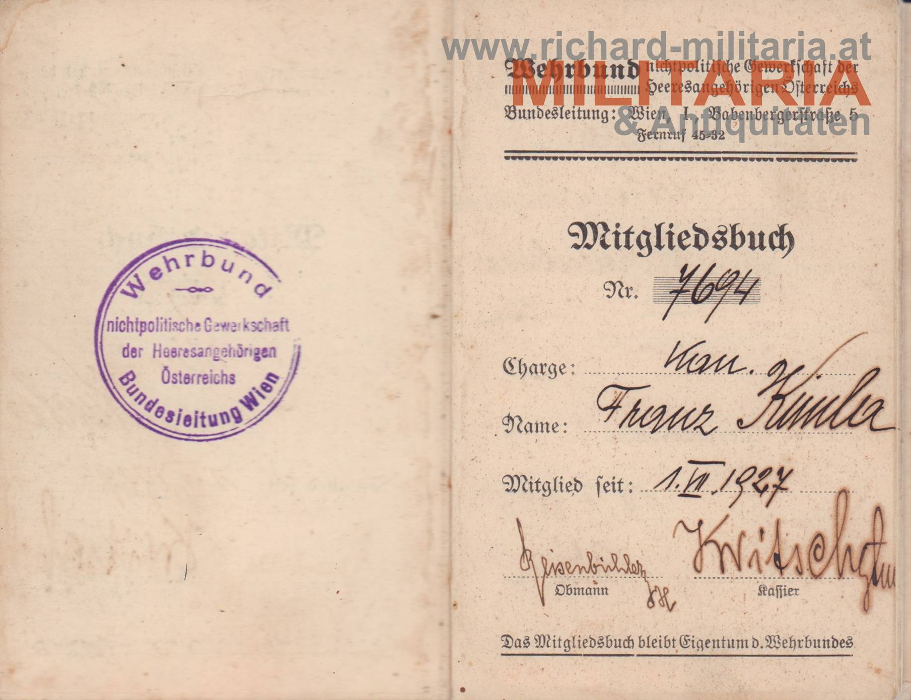 1. Republik - Mitgliedsbuch Wehrbund - nicht politische Gewerkschaft der Heeresangehörigen Österreichs / Wien