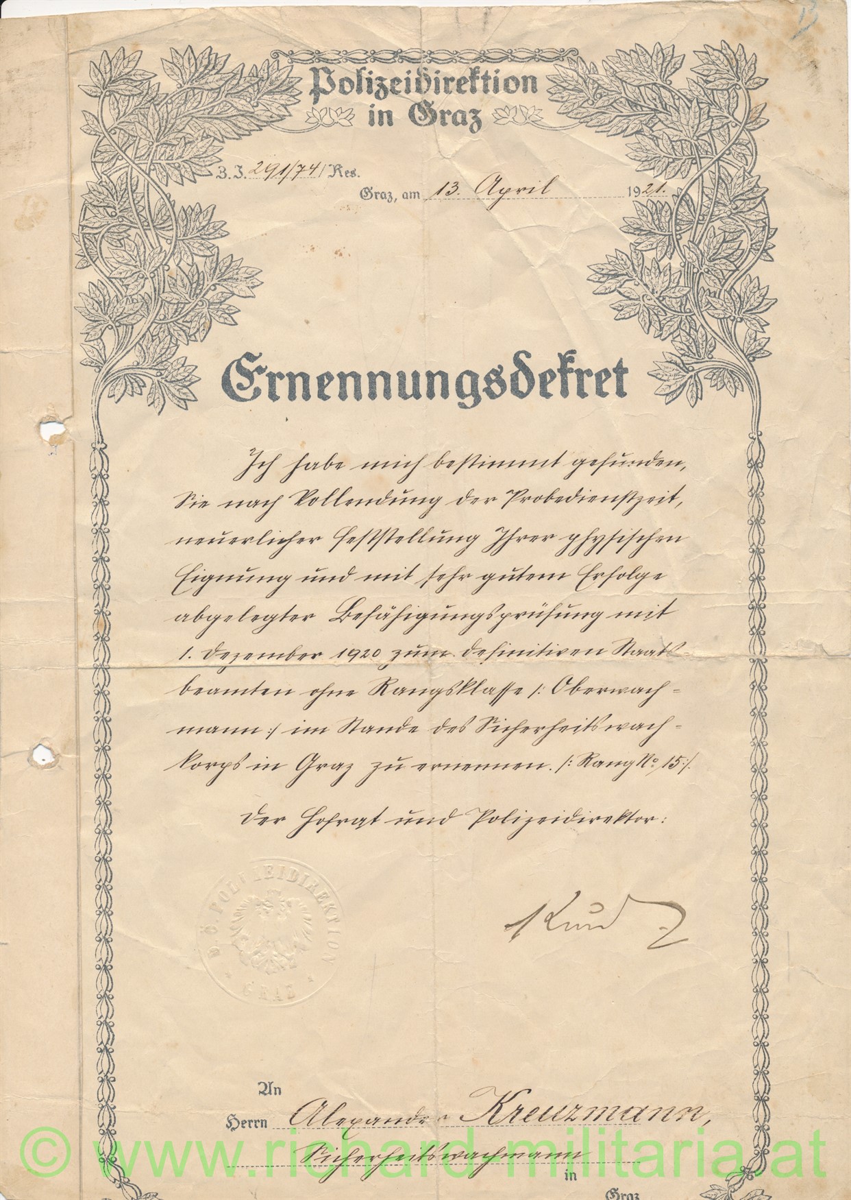 Polizei Graz 1921 Ernennungsdekret Oberwachmann