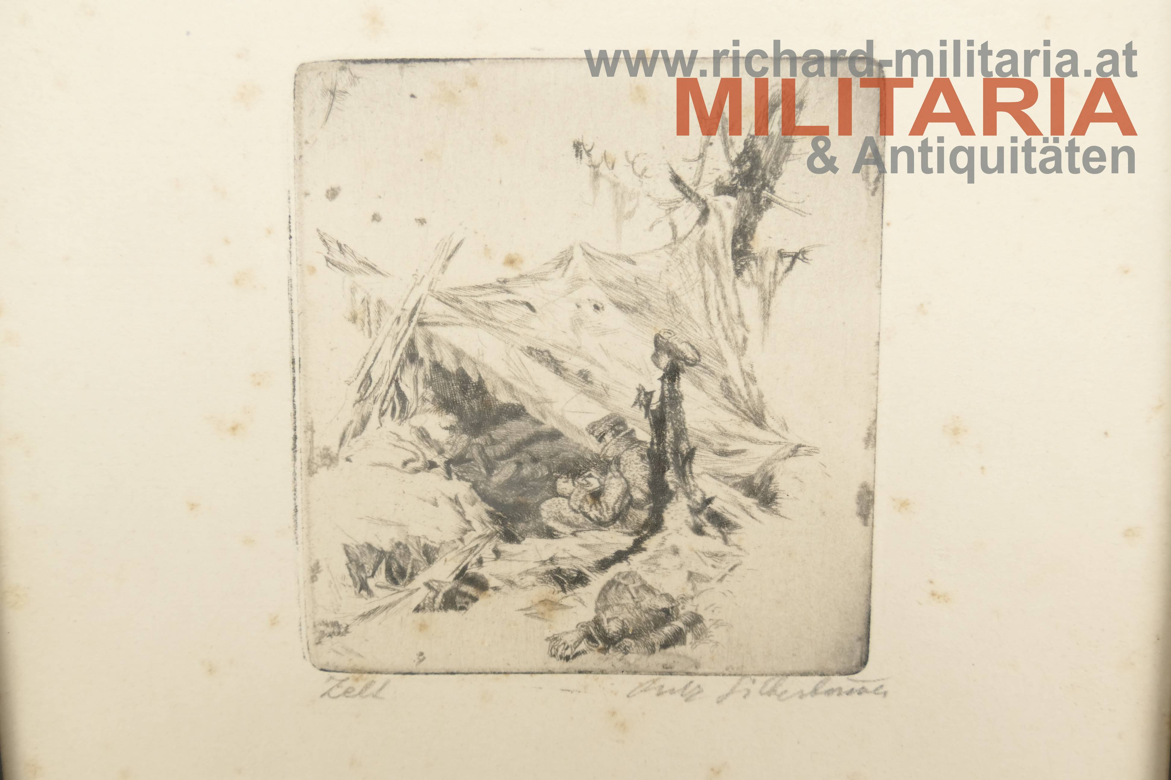 Lithographie eines k.u.k. Soldaten im Winter vor seinem Zelt - Fritz Silberbauer