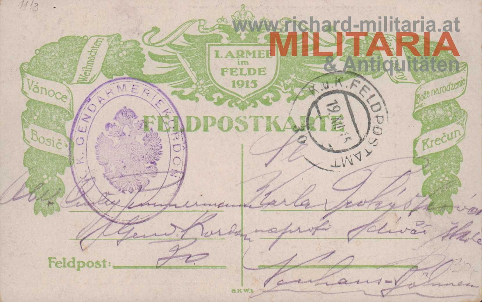 k.u.k. Weihnachtskarte der 1.Armee im Feld 1915 - k.k. GENDARMERIEKORDON