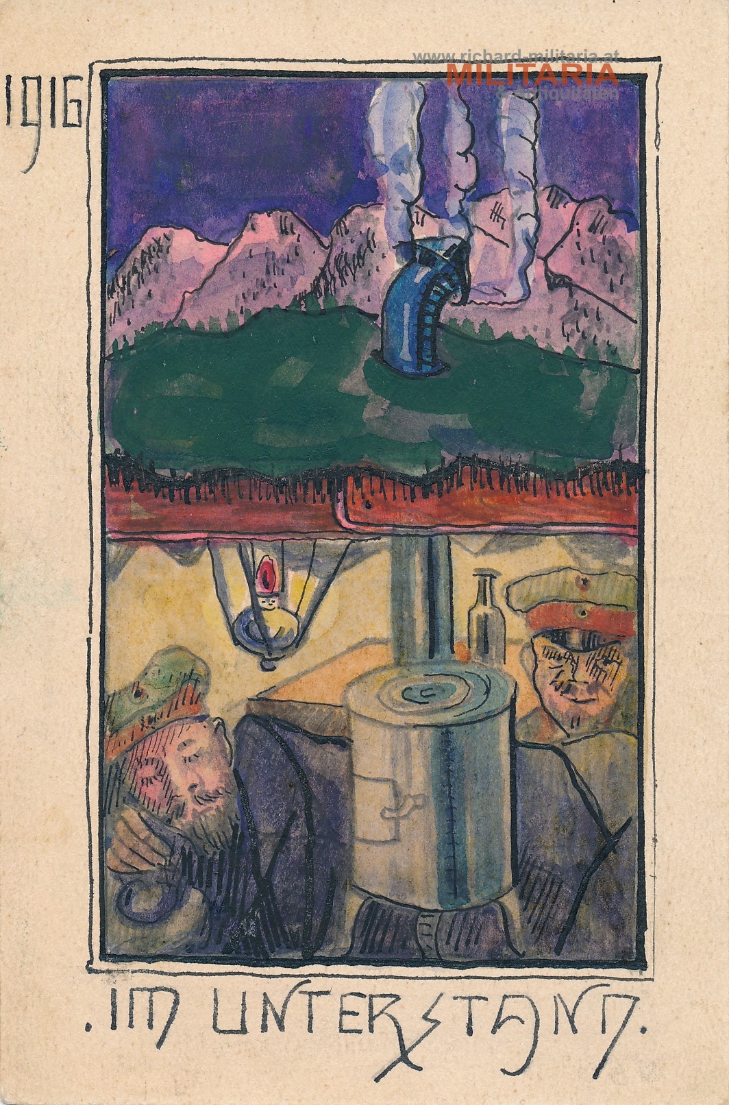 Handgemalte Feldpostkarte "Im Unterstand 1916" ungelaufen