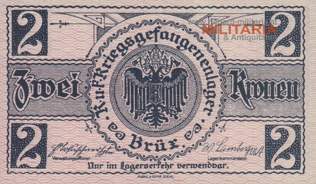 k.u.k. Kriegsgefangenenlager Brüx - 2 Lagerscheine - 1 Krone & 2 Kronen